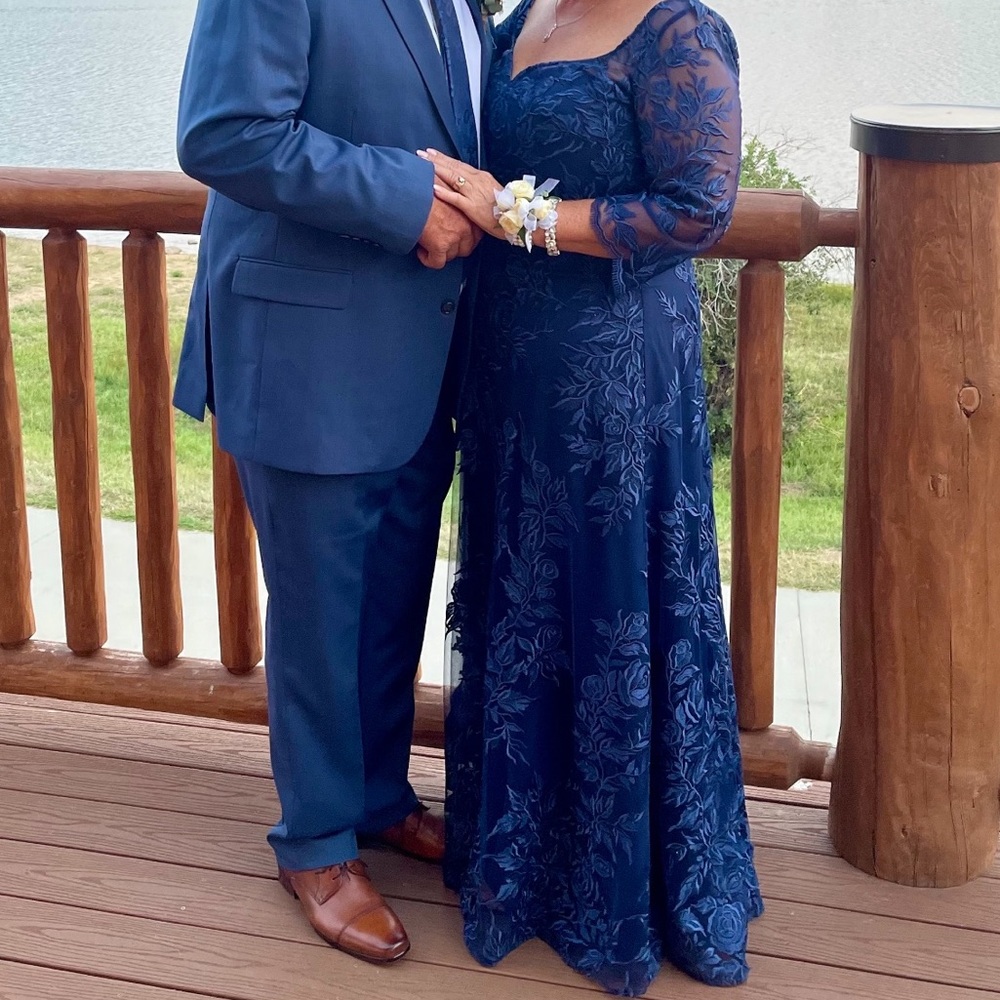 LaFemme navy floor length gown. Size 14  3/4 length sleeve. BEAUTIFUL!!